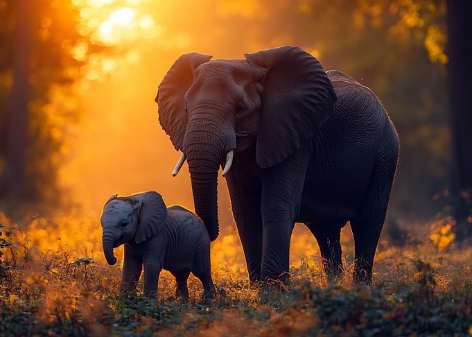 Mother and baby elephant at sunset