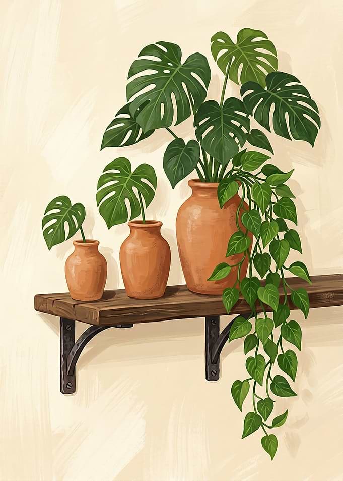 Potted Monstera Plants on a Shelf