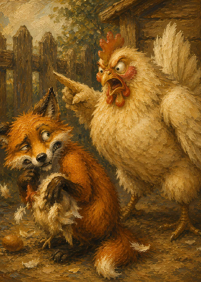 Angry Chicken Scolds Fox