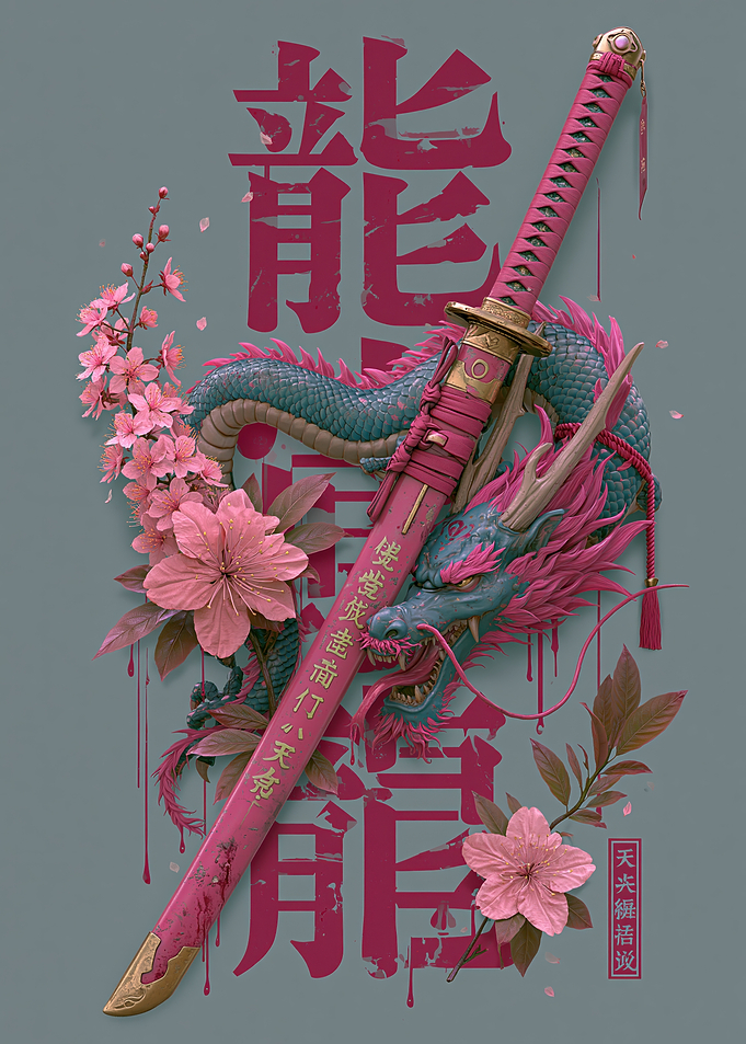 Dragon and Katana with Cherry Blossoms