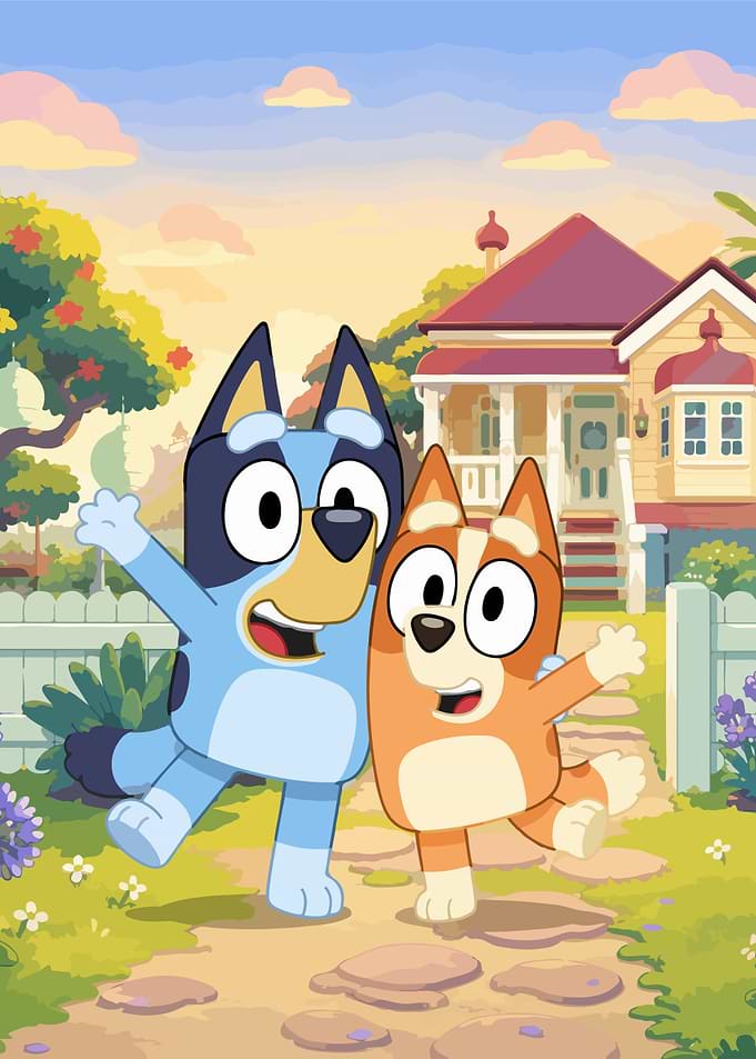 Bluey and Bingo waving hello