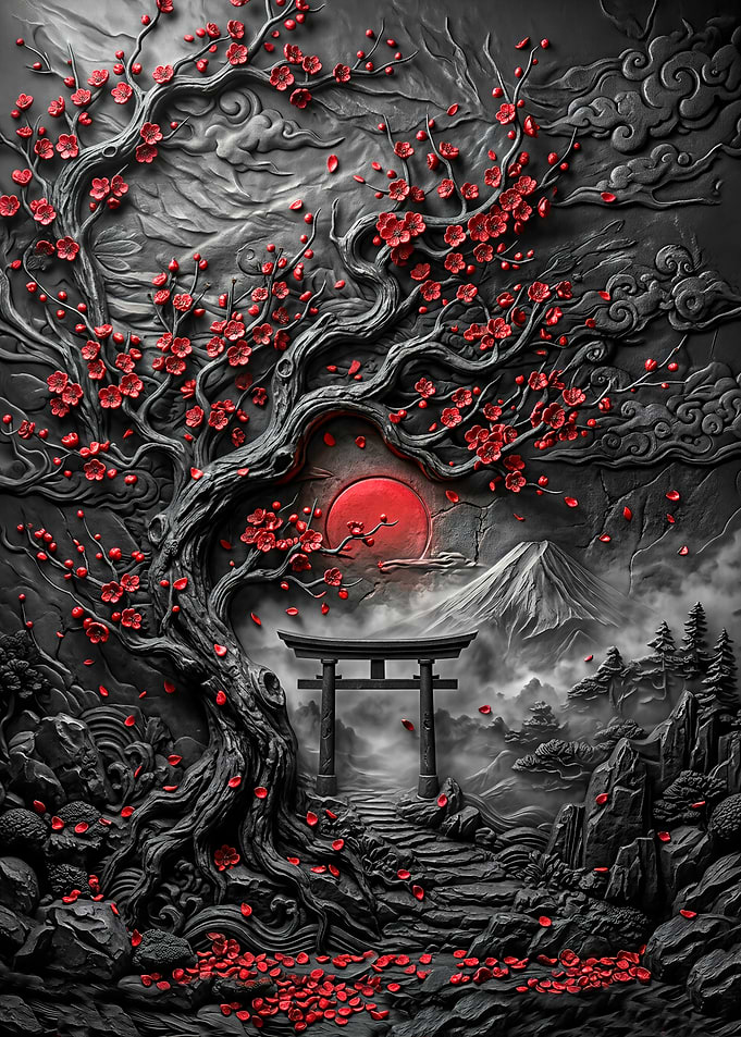 Japanese Cherry Blossom Tree and Torii Gate