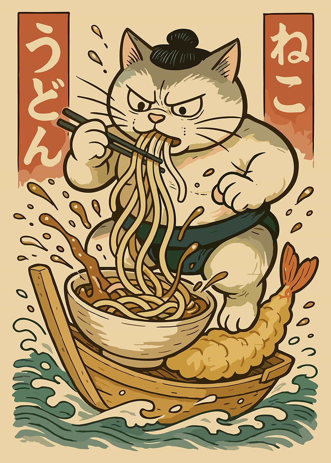 Sumo Cat Udon Noodles Poster Cute Japanese Food Art Whimsical Wall Decor