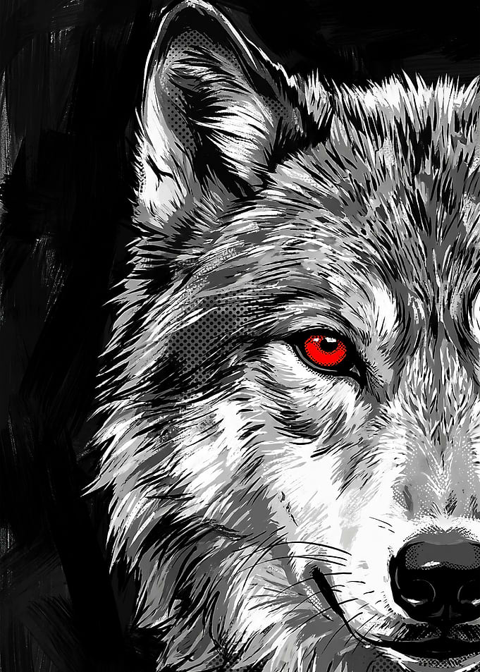 Close-up of a Wolf's Face with Red Eyes