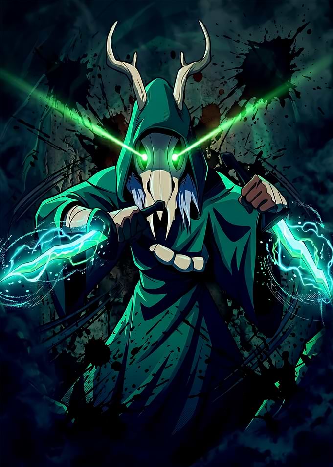 Mysterious hooded figure with glowing eyes