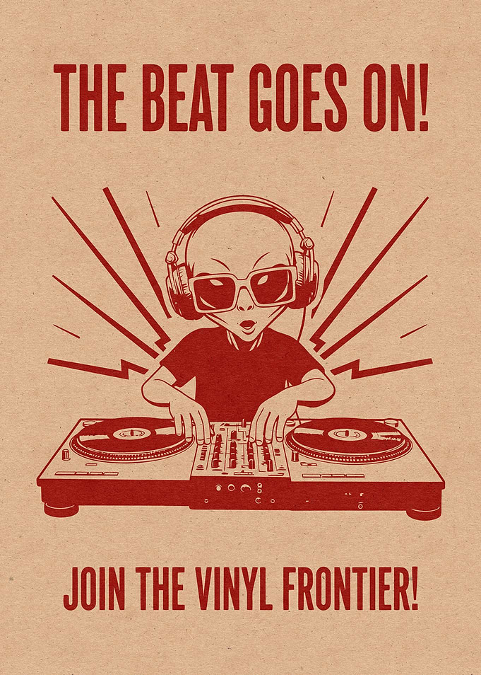 Alien DJ spinning vinyl records