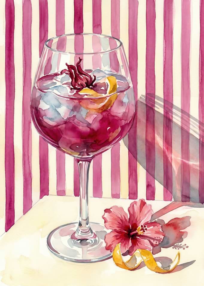 Hibiscus Infused Botanical Cocktail Watercolor Magenta Striped Background Bartender