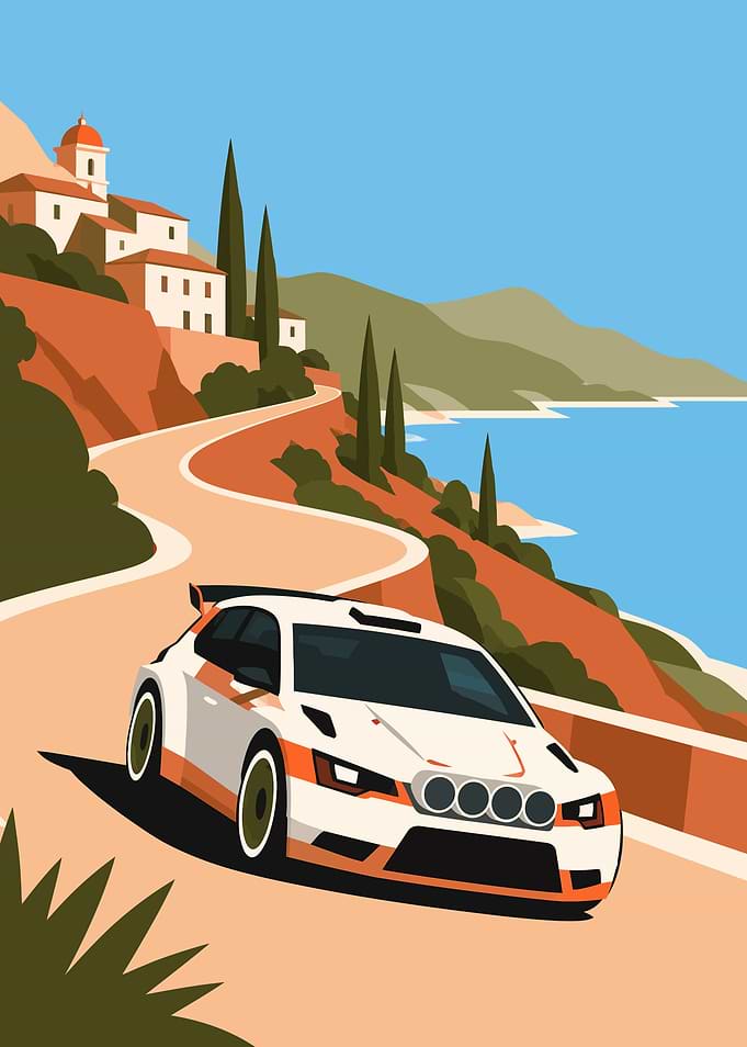 Rally Car on Coastal Road