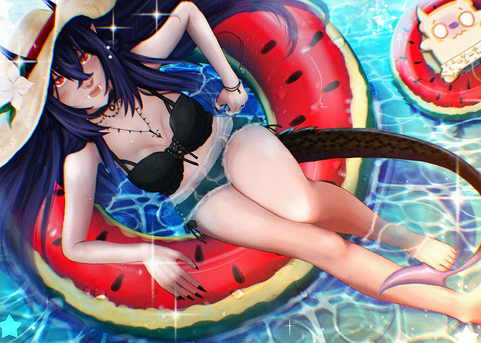 Anime Girl in Swimsuit on Watermelon Float