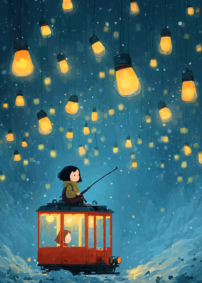 Girl on Train with Lanterns