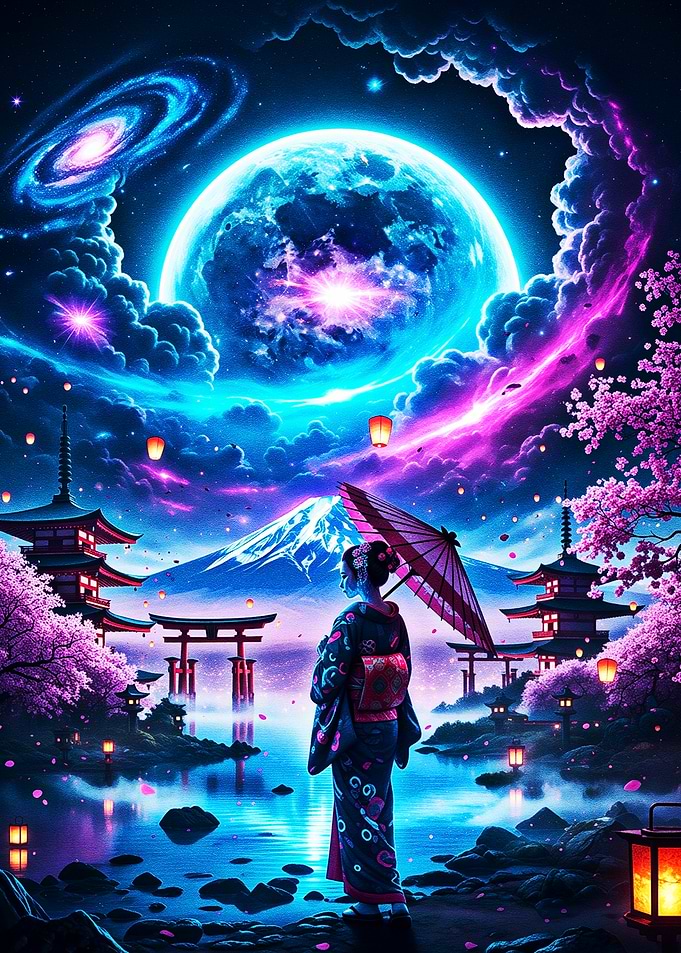 Celestial Geisha Beneath the Cosmic Moon