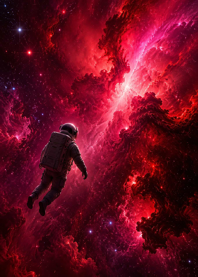 Astronaut floating in a red nebula