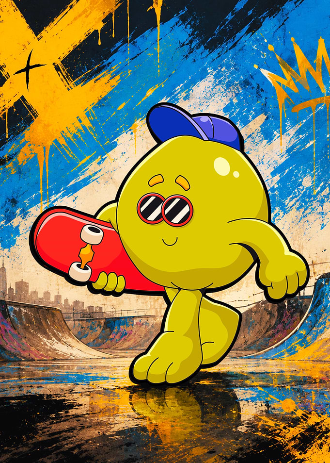 Cartoon character with skateboard at skatepark