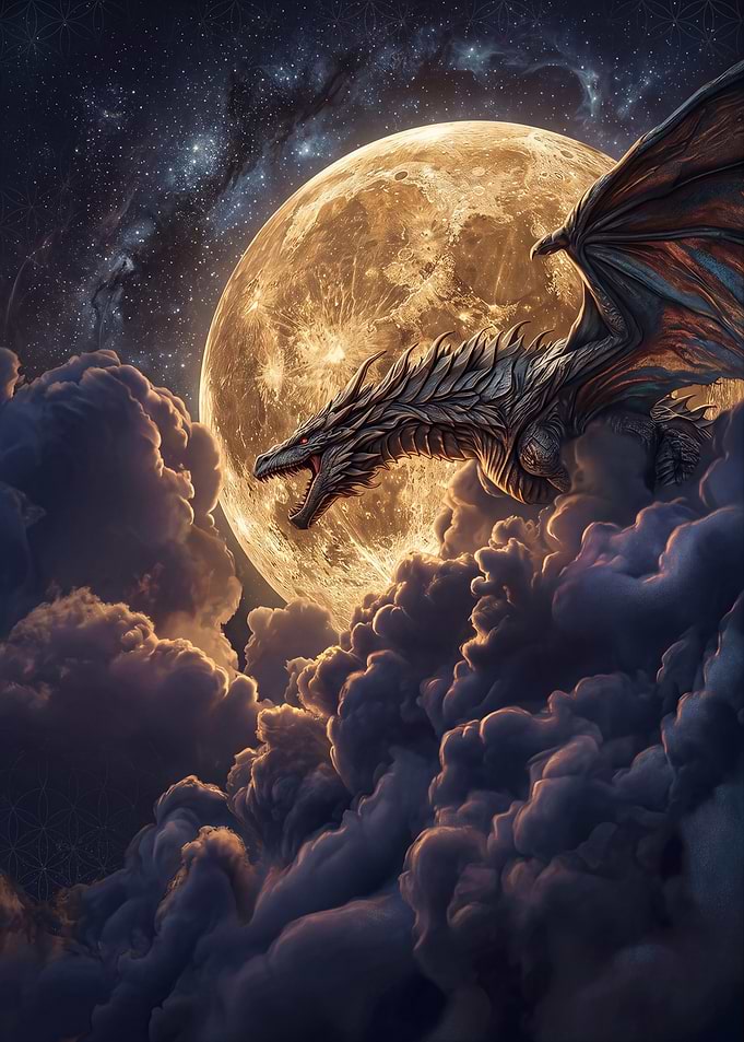 Dragon flying in front of the moon