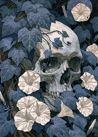 Skull Surrounded by Vines and Flowers