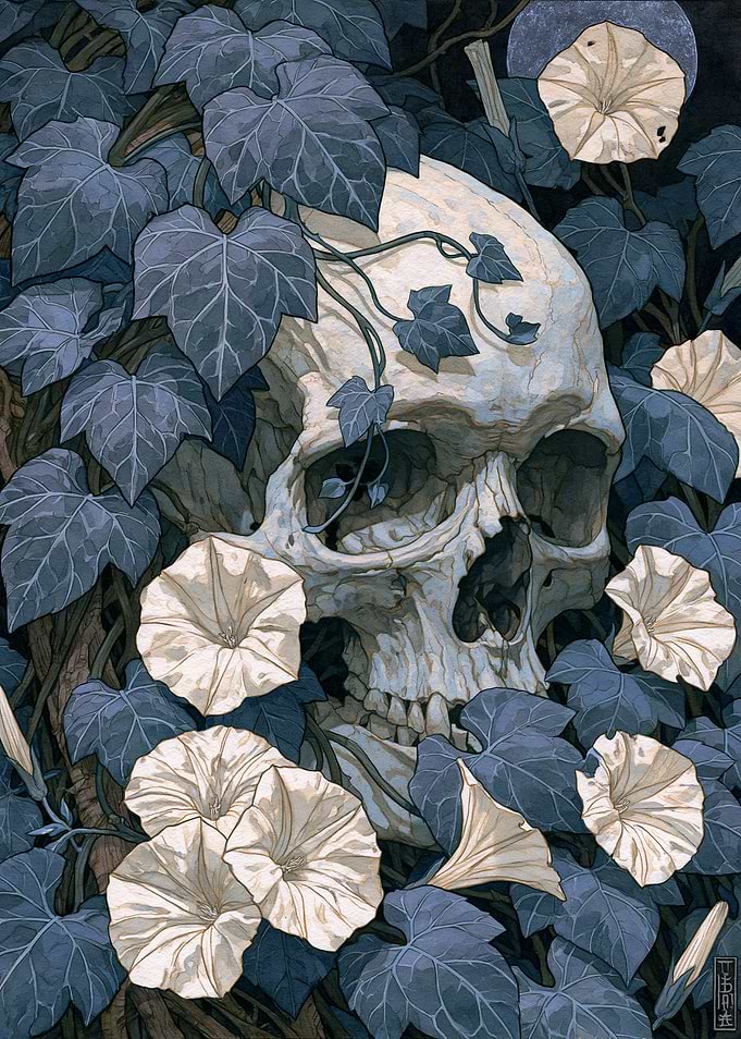 Skull Surrounded by Vines and Flowers