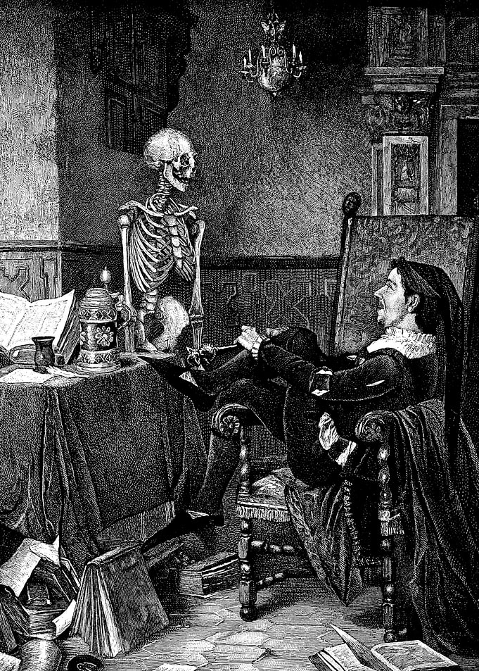 A Jester Contemplates a Skeleton Death Engraving