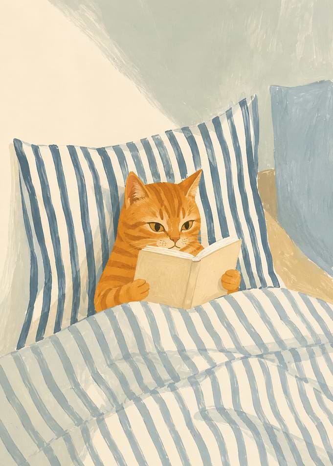 Orange Tabby Cat Reading Print – Orange Tabby Cat Wall Art, Book Lover Cat Illustration