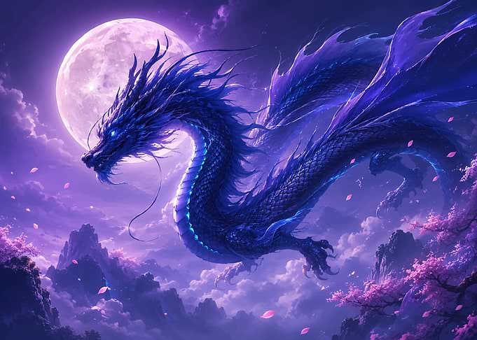 Mystical Blue Dragon Under a Full Moon