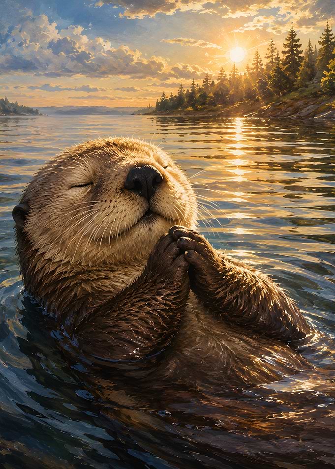 Otter floating in sunset water