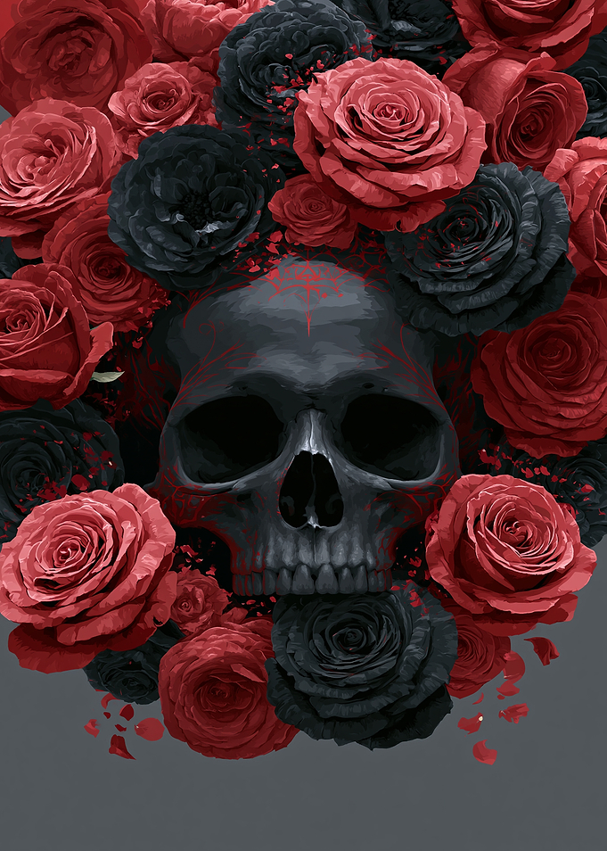 Skull surrounded by red and black roses