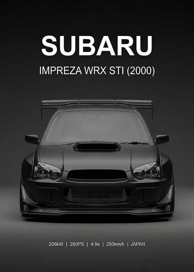 sleek black Subaru Impreza WRX STI 2000 car poster