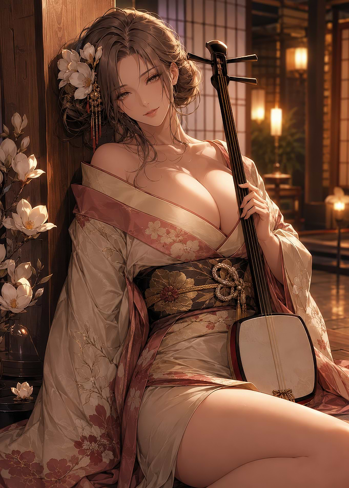 Geisha with Shamisen in Traditional Room