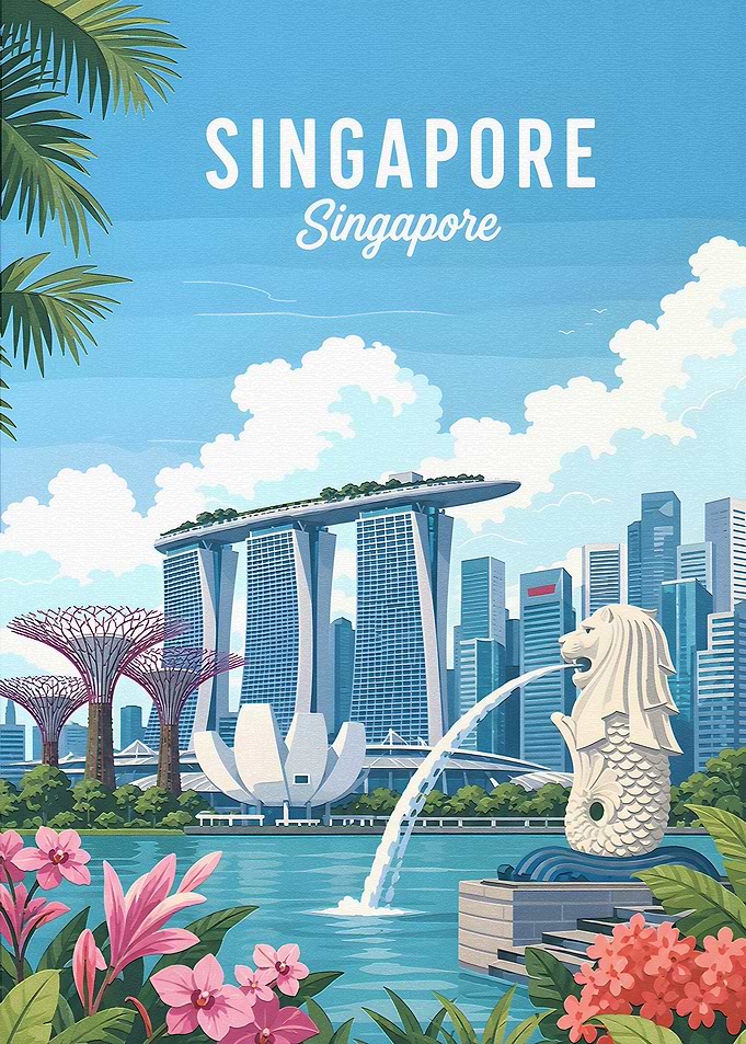 Singapore Skyline and Merlion Fountain