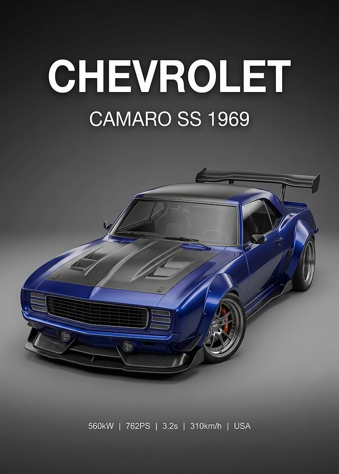 A dynamic Chevrolet Camaro SS 1969 car poster