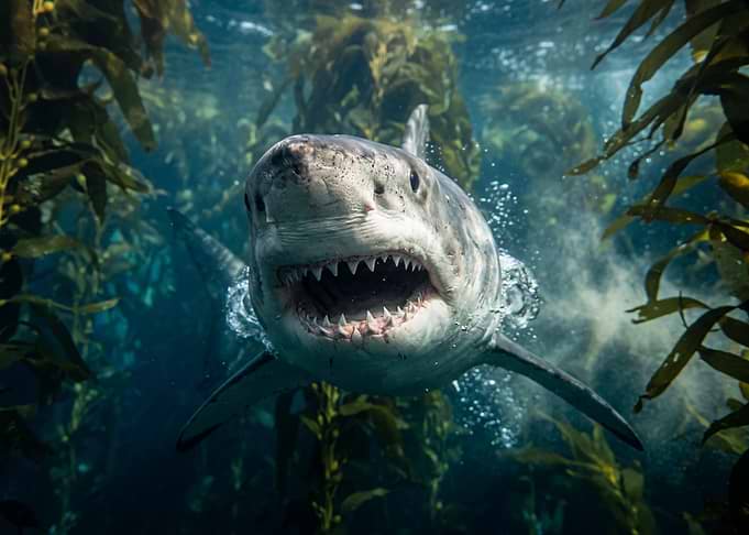 Great White Shark in Kelp Forest