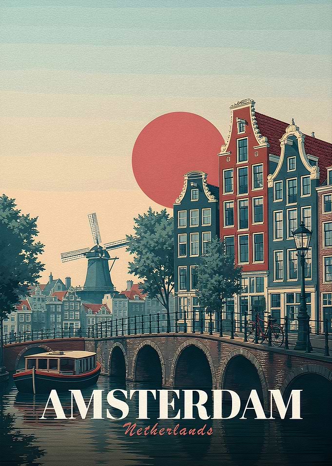 Amsterdam Canal Scene with Windmill
