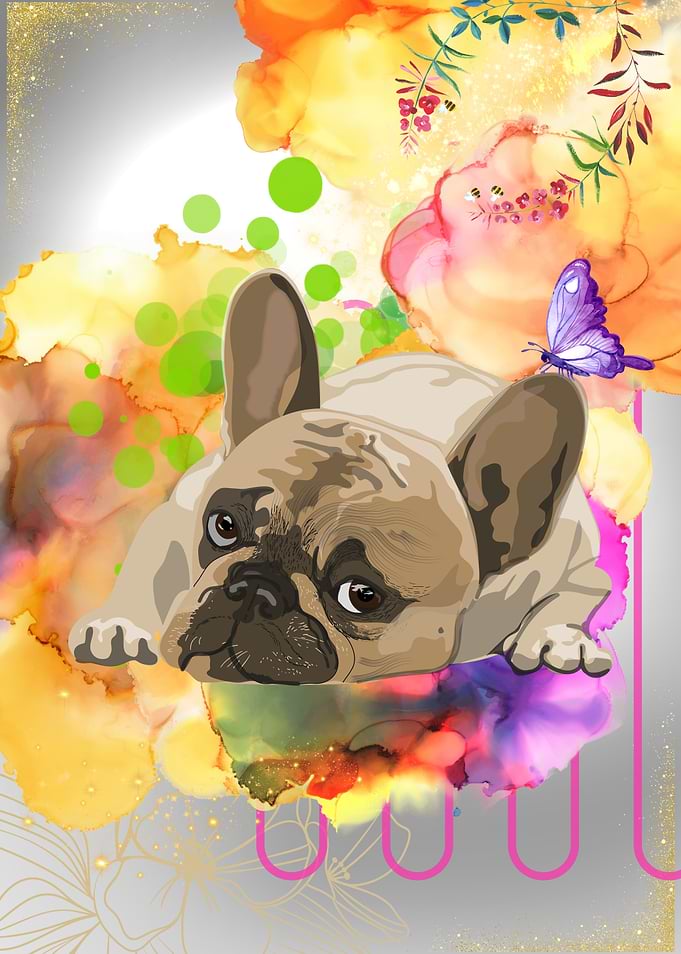 French Bulldog with Butterfly and Flowers