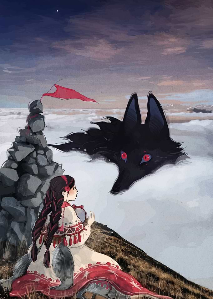 Girl encounters a giant wolf in the clouds