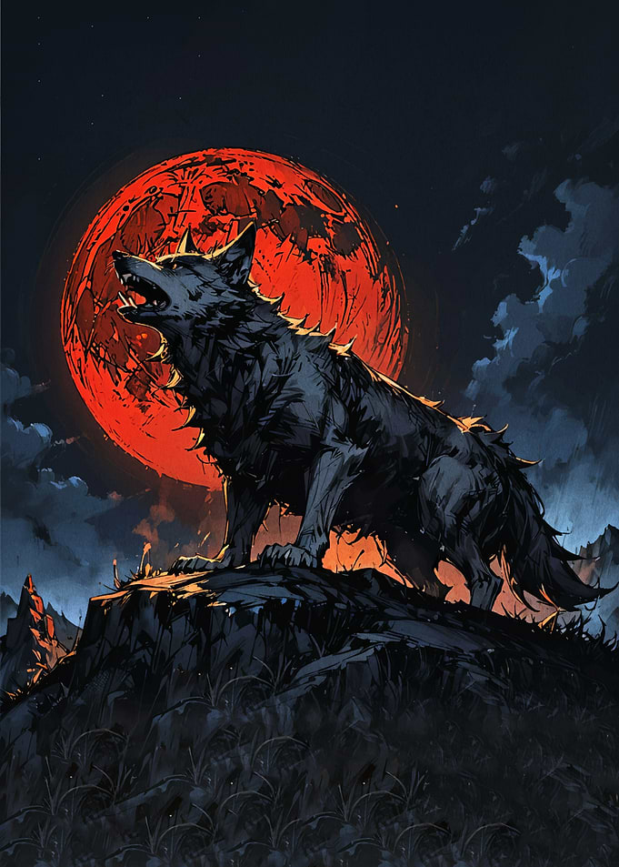 Wolf howling at a blood moon
