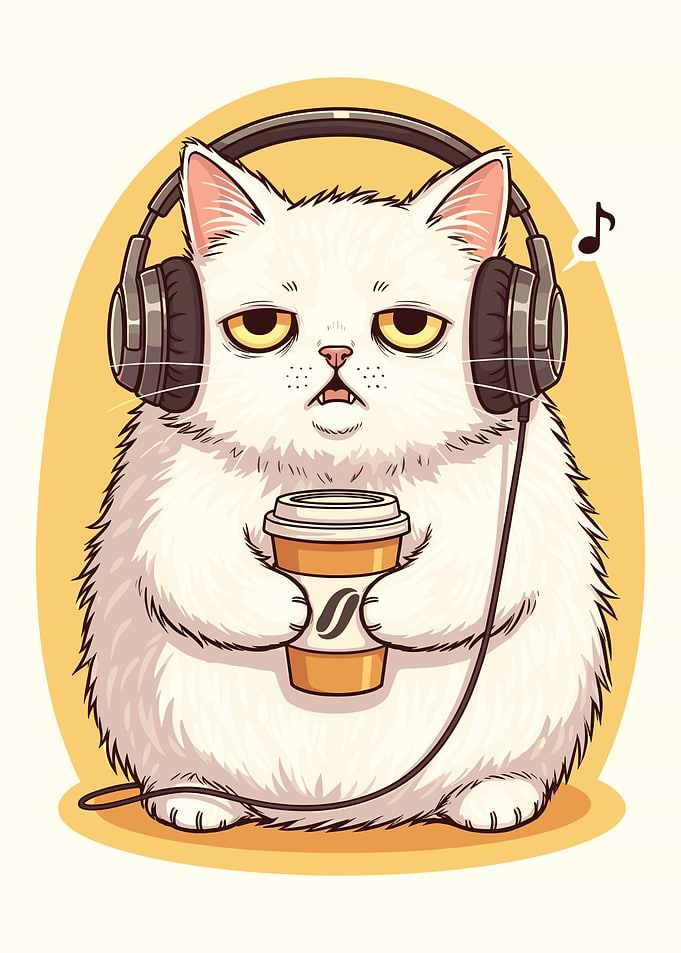 Cat with Headphones and Coffee