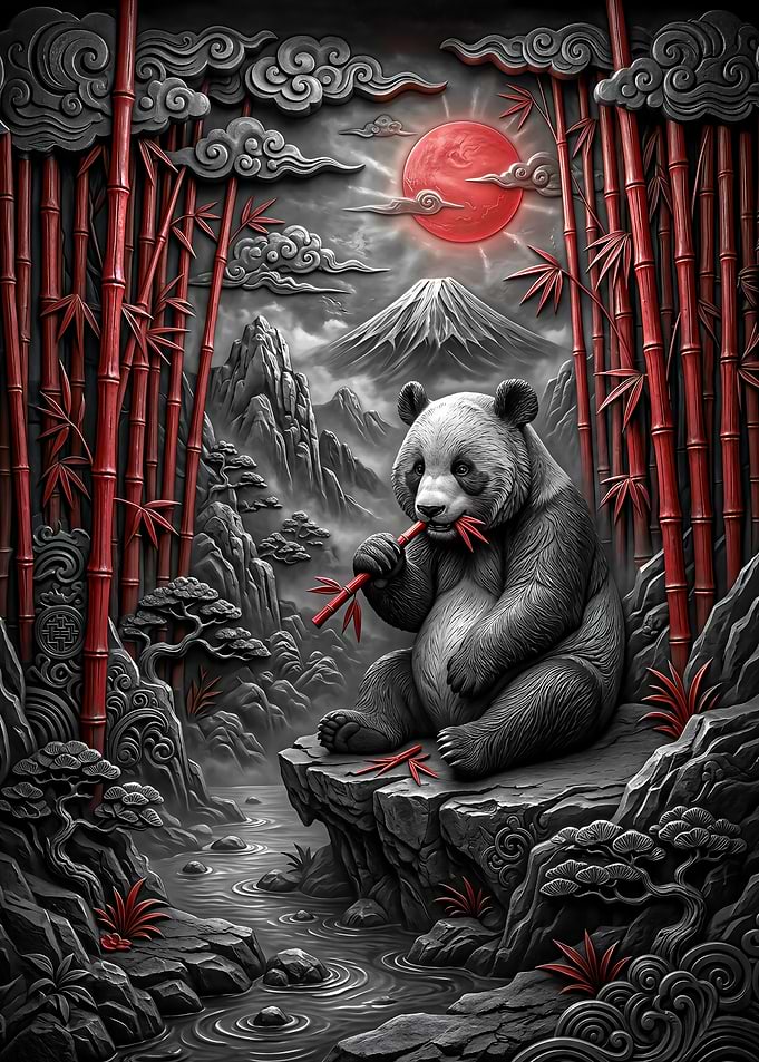 Panda eating bamboo with Mount Fuji background