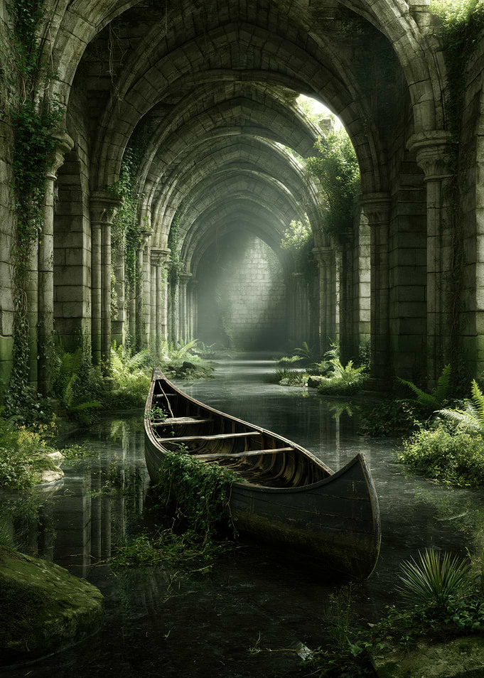 Overgrown Ancient Ruins with Canoe