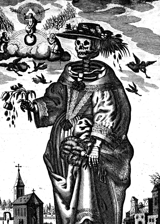 A Skeleton as a Fashionably Dressed Woman Death Engraving