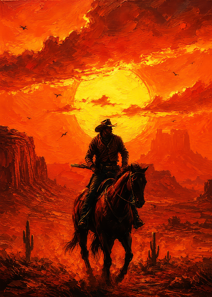 Cowboy Riding Dead Horse at Red Sunset