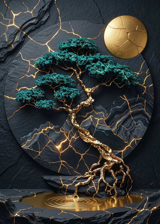Golden Bonsai Tree with Cracked Earth