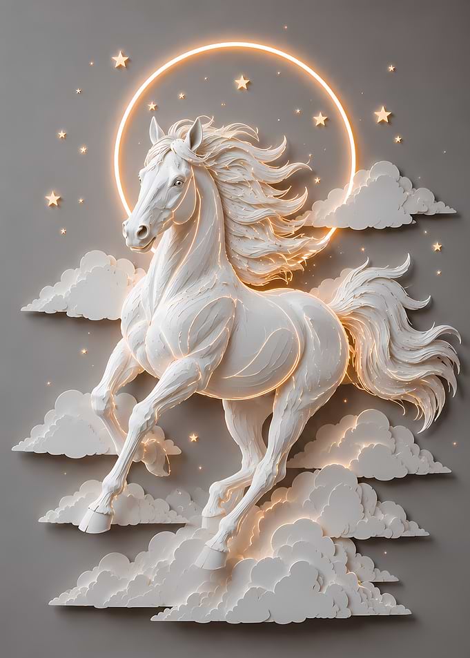 White Horse in Clouds with Neon Ring