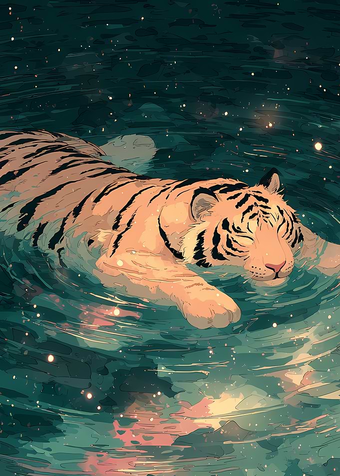Tiger Swimming in Starry Water vintage