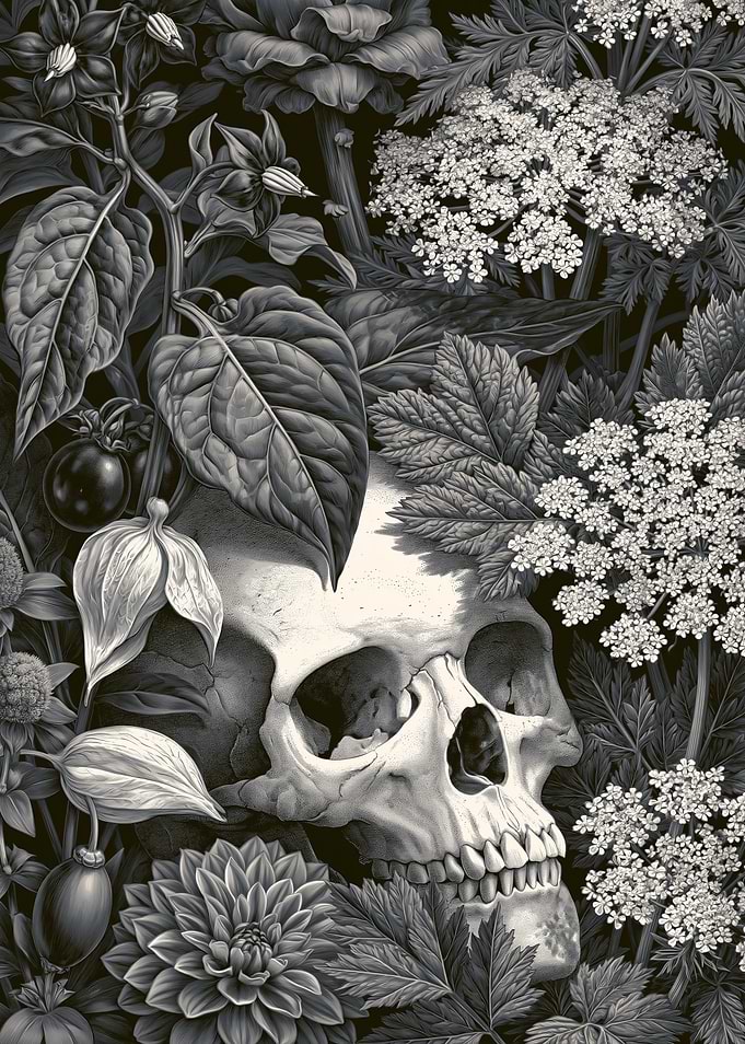 Skull surrounded by dark botanical elements