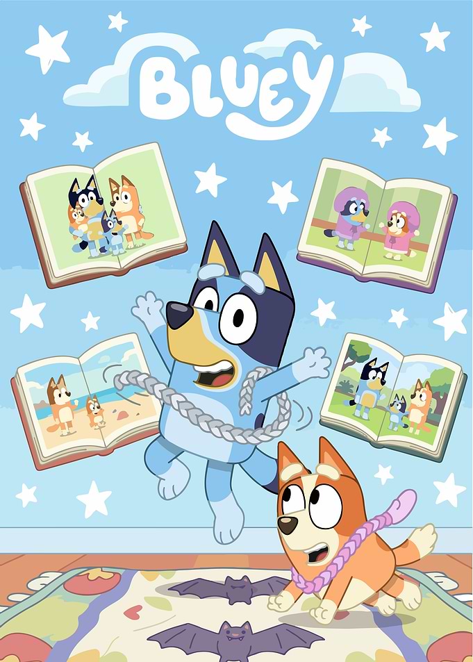 Bluey and Bingo playing with braids