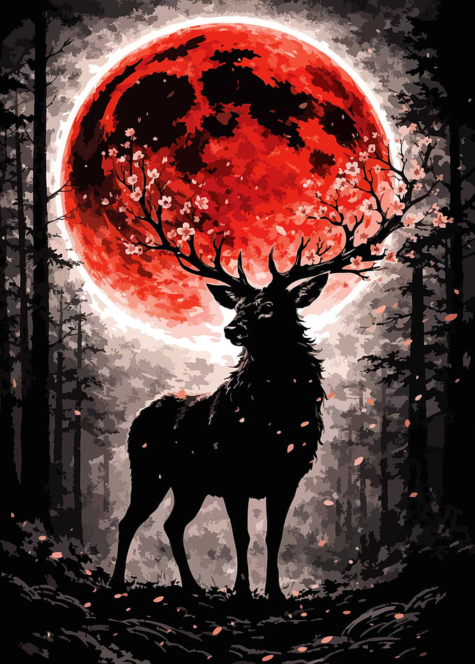 Deer with Antlers Blooming Cherry Blossoms