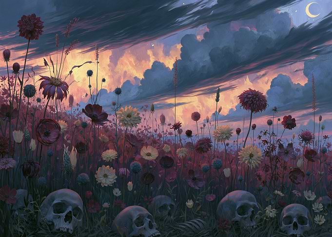 Skulls and Flowers Under a Dramatic Sky