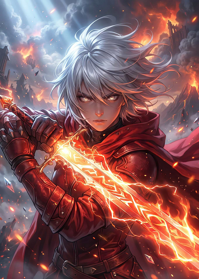 Fiery Warrior with Glowing Sword