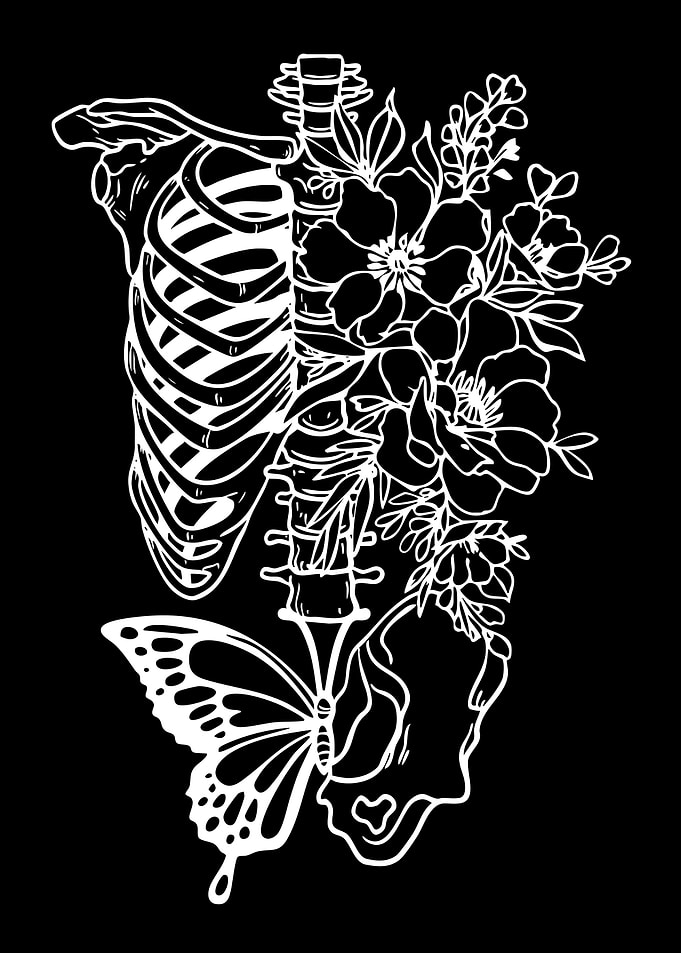Skeleton Ribcage with Flowers and Butterfly