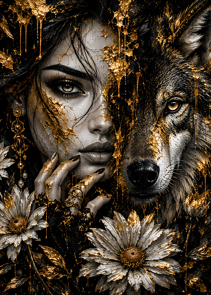 Woman and Wolf with Gold Drips