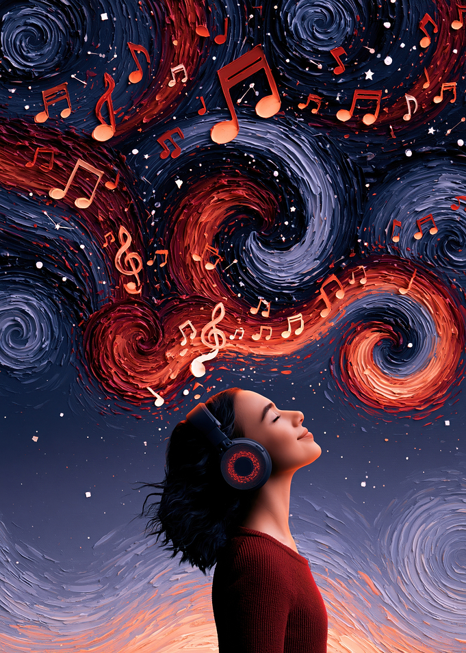 Woman Listening to Music Under Starry Sky